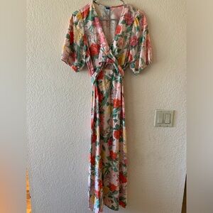 Old Navy Linen Maxi Dress Size Medium Twist Tie Wrap Puff Sleeve Floral